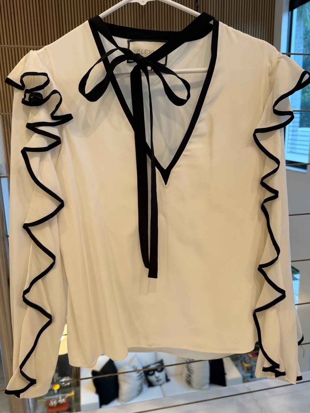 Alexis Ivory Blouse with Black Ruffle Trim & Tie Neck
